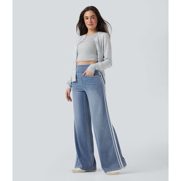 Halara Stretchy High Waisted Wide Leg Stripe Jeans Lightweight Powder Blue S NWT - Picture 6 of 15
